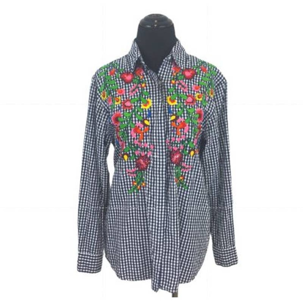 Zara Basic Floral Embroidered Long Sleeve Checkered Button Down Shirt Size S